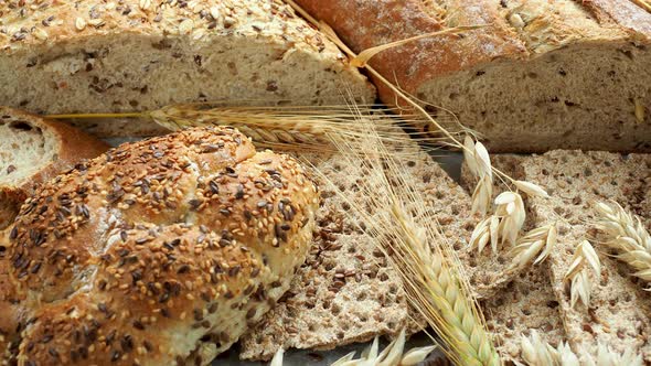 Assortment of baked goods on paper. Freshly of bakery products.