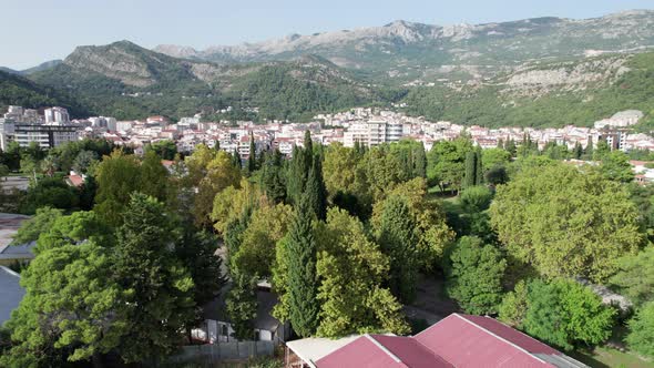 Panoramic Aerial View of Budva City Montenegro Landscape Mountain Range Summer