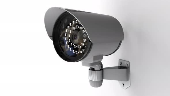 Security CCTV Camera on White Background Rotates and Monitoring for Crowd 4k