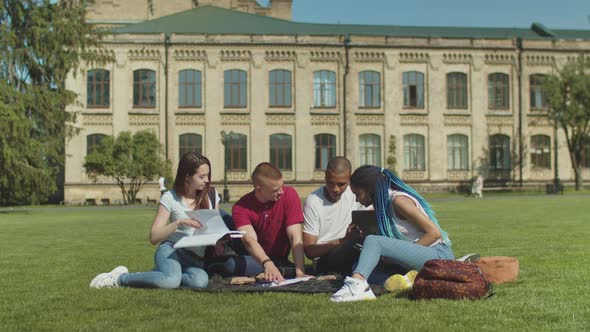 College Students Studying Sitting on Green Lawn