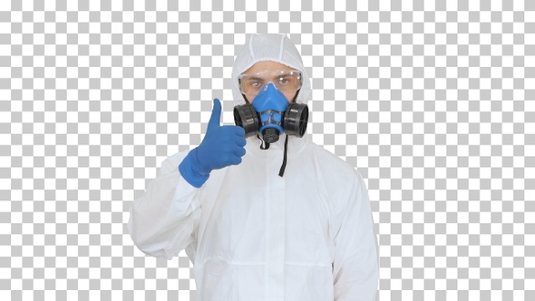 Man in protective suit a mask and a respirator, Alpha Channel