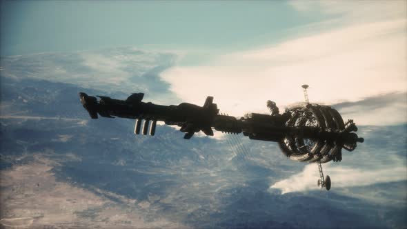 3D Illustration of a Spaceship in Orbit Around Planet Earth alt