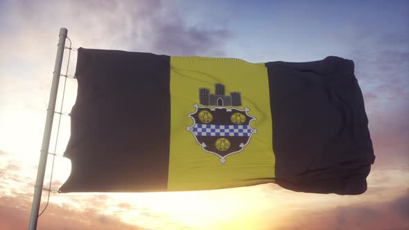 Pittsburgh City Flag Pennsylvania Waving in the Wind Sky and Sun Background