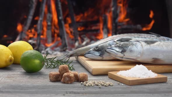 Fish, Lemons, Brown Sugar and Sea Salt on the Background of a Burning Fire