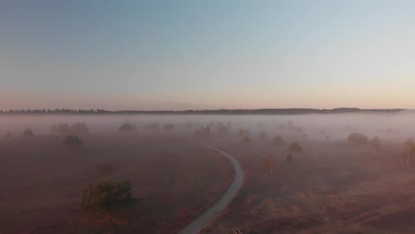 Forward moving aerial view of early morning misty landscape of moorland with a dirt road meandering