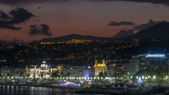 Waterfront of Nice City and Mediterranean Sea Day to Night Timelapse