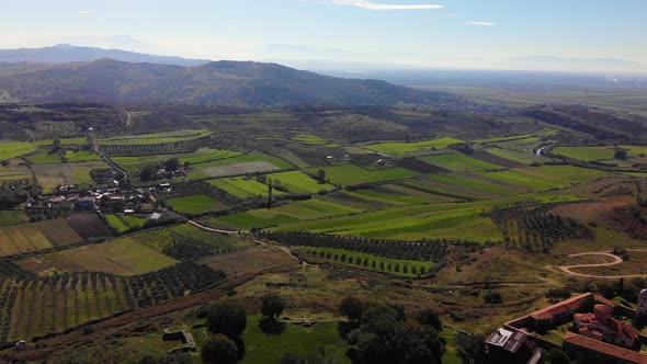 View From Drone of Ancient Ruins Monastery and Beautiful Green Fields