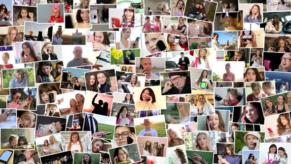 Video collage of smiling people, various images in the form of a large video wall of TV