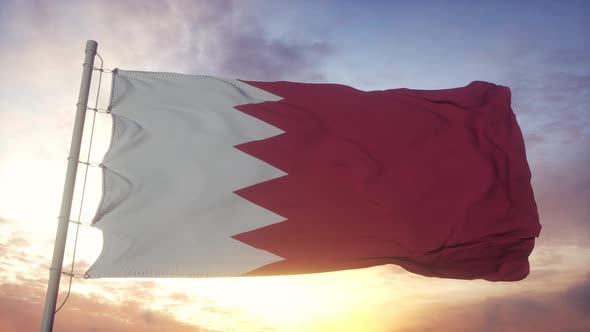 Flag of Bahrain Waving in the Wind Sky and Sun Background