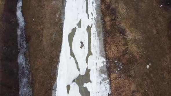 Drone shot of the forest and a country icy river in the late autumn. Late Autumn forest hills. Aeria