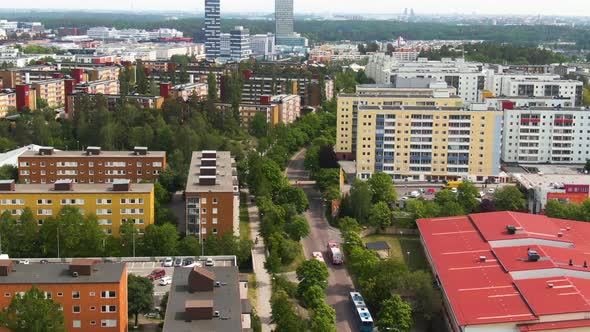 Colorful tall living buildings of Solna in Stockholm, Sweden. Aerial drone view