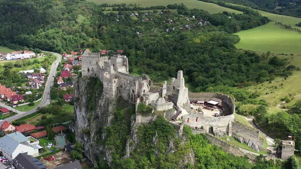 Aerial view of Beckov Castle in the village of Beckov in Slovakia