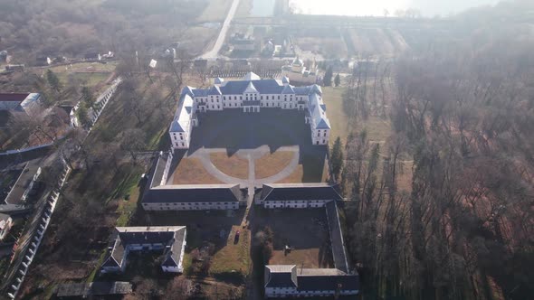 Front Aerial View of the Vyshnivets Palace Ukraine in Autumn