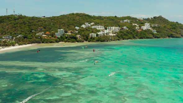 Kitesurfers on Bulabog Beach Boracay Island Philippines