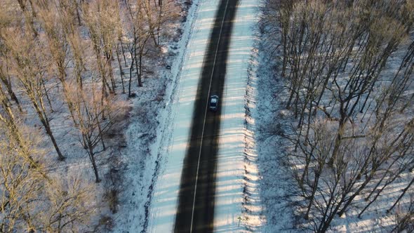 Birdeye Of Car Driving Through Snow And Forest