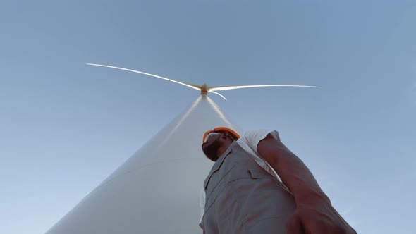 Portrait Engineer Near Wind Turbines Develop Ecological Energy