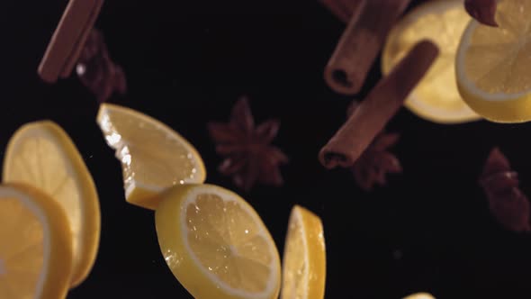 Flying Fresh Lemon Slices with Anise and Cinnamon Collision in the Air