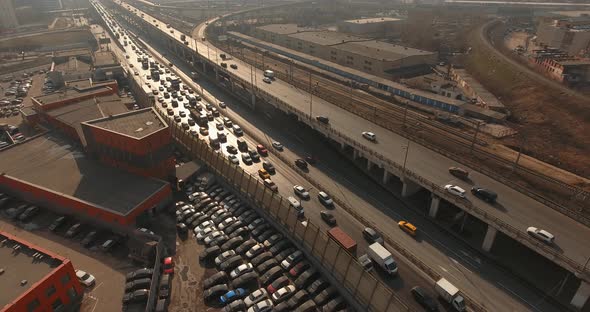 Aerial footage of cars going on the highway near Moscow City, Russia. Big traffic