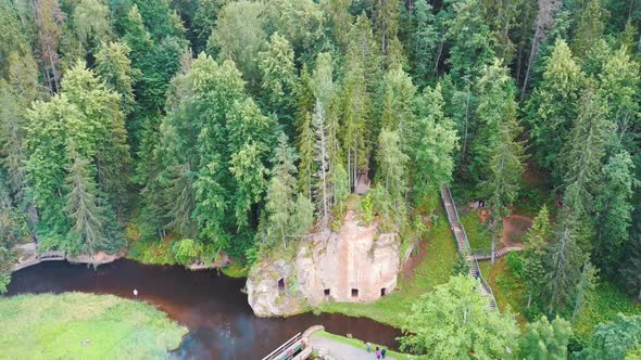 Anfabrika Rocks and Cellars, Ancient Sandstone Caves, Ancient Chambers in Ligatne, Latvia 4K Video