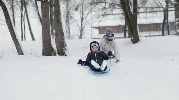 Kids Having Fun with Sledges on Snowy Hill