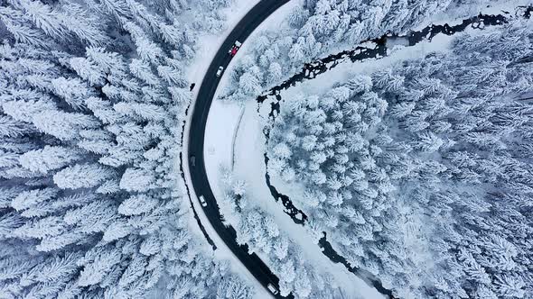 Aerial view of winter road and snow-covered pine trees.