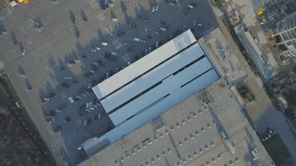 Top View of Building with Big Parking in Front. Cars Parked in Front Office Building