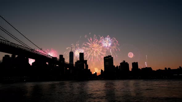 Wide View of Firework Over Manhattan the Sunset in New York Independence Day 4Th of July Fireworks