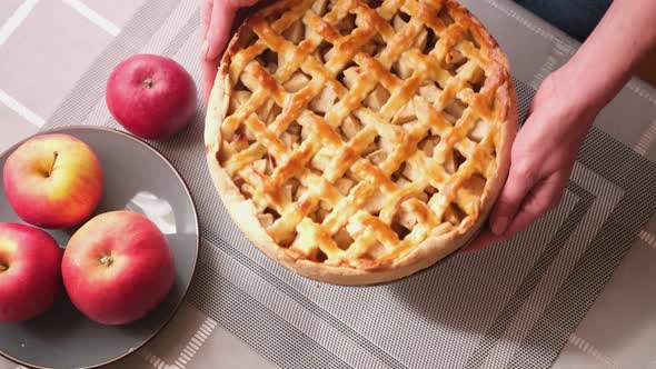 Apple Pie Cake Preparation Series Woman's Hands Put Freshly Baked Traditional American Fall Dessert