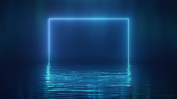 Shining Blue Neon Square Over Water