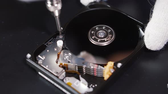 Repairing HDD in service close-up. Screwing and recovering storage device.