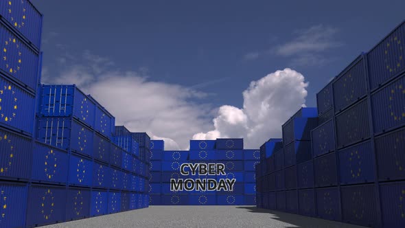Containers with CYBER MONDAY Text and Flags of the EU alt
