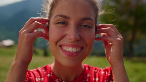 Portrait Cheerful Girl Smiling Camera on Green Meadow