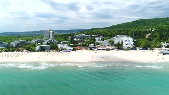 Aerial view of the beach and hotels in Albena, Bulgaria. Albena is a major Black Sea resort