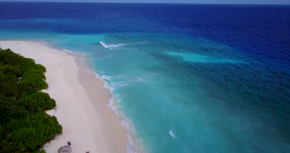 Wide angle drone clean view of a paradise sunny white sand beach and aqua blue water background in h