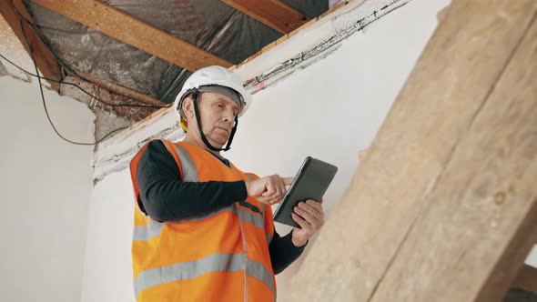 Mature Construction Engineer or Architect in Helmet at Construction Site Works with Industrial