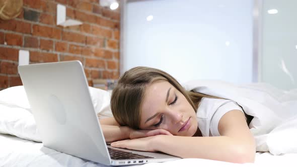 Woman Sleeping in Bed near Laptop, After Work