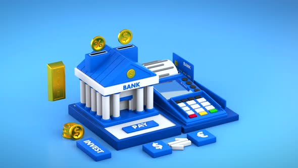 Banking system animation with credit card, payment terminal, gold coins and bar