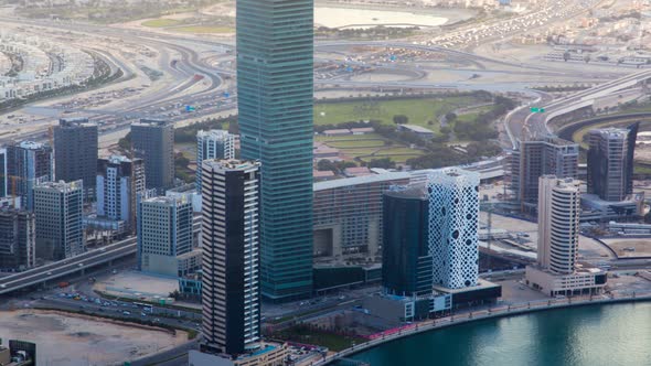 Dubai Aerial Cityscape Panorama with Scyscraper in Center Time-lapse