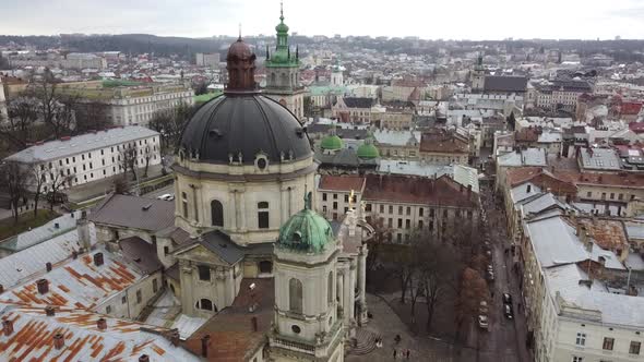 Aerial view of a drone flying over the building