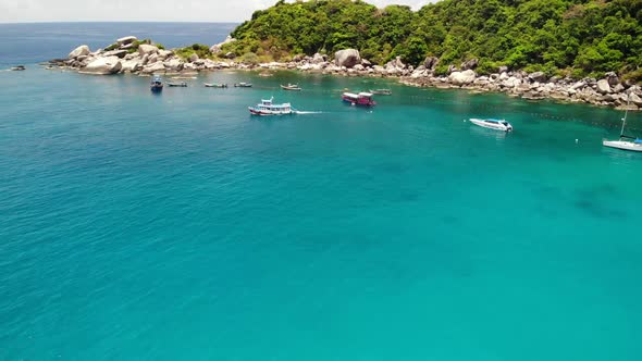 Tourist Boats in Tropical Bay. Drone View of Tourist Boats with Divers and Snorkelers Floating