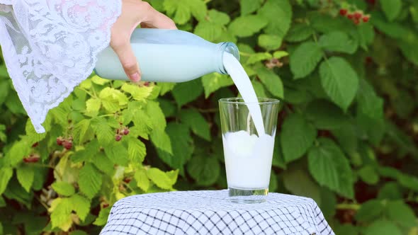 Fresh milk pouring in glass. Countryside summer day outdoor slow motion