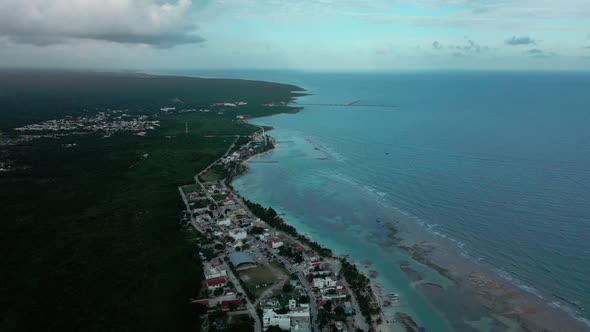 Aerial landing of the beach of Mahahual in Mexico