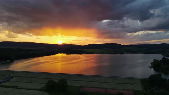 Aerial view of Teply vrch reservoir in Slovakia - Sunset