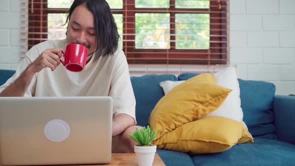 Asian man working at home, male creative on laptop on sofa drinking coffee in living room.