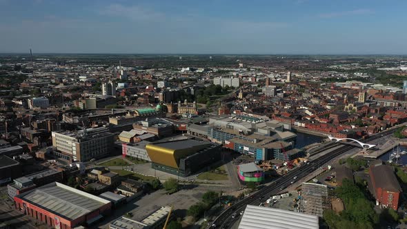 SLow aerial pan left to right over Hull City Centre