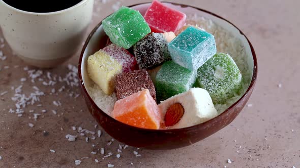 Turkish Delight in Coconut Bowl Dark Background