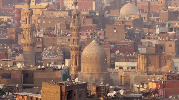 Zoom Out Shot of Islamic Quarter of Cairo with Houses and Mosques