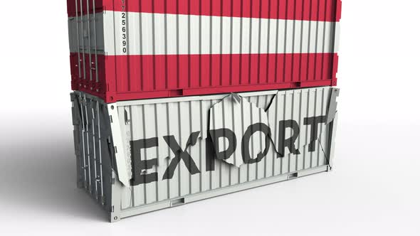 Cargo Container with Flag of Austria Breaks Container with EXPORT Text alt