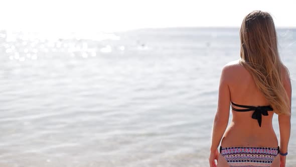 Beautiful Woman in Bikini Sunbathing By the Sea