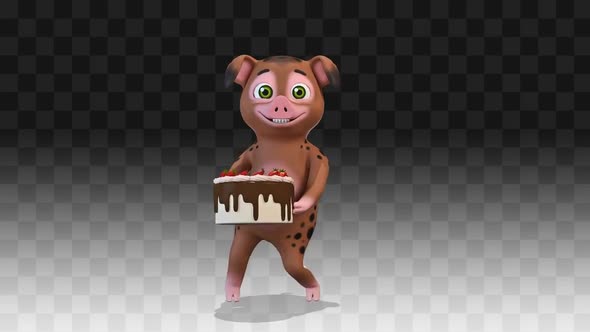 Brown Pig Congratulates And Dances With A Cake